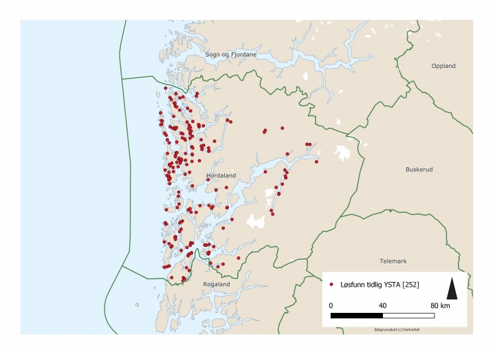 Distribusjonskart løsfunn av vespestadøkser og vestlandsøkser 