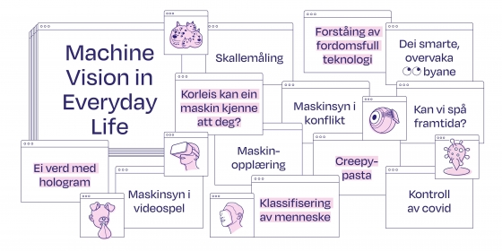 Altfor mange PC-vinduer som er åpnet seg med tilsynelatende sukkersøte ikoner av maskinsyn: Hundeører og tunge, gps-symbol utformet som koronavirus, overvåkningskamera. Stikkordene: Skallemåling, maskinsyn I videospill, creepy-pasta og klassifisering av menneske lyser mot deg.