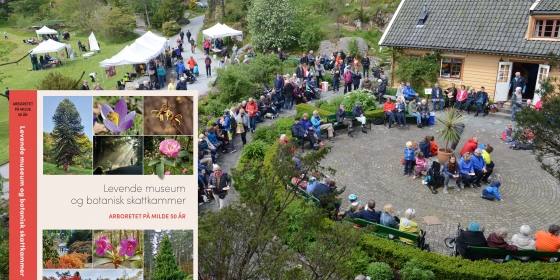 Oversiktsbilde over Aboretet med innskutt foto av jubileumsbok