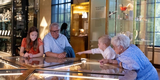 besteforeldre med barn studerer utstillingen pollen og bein