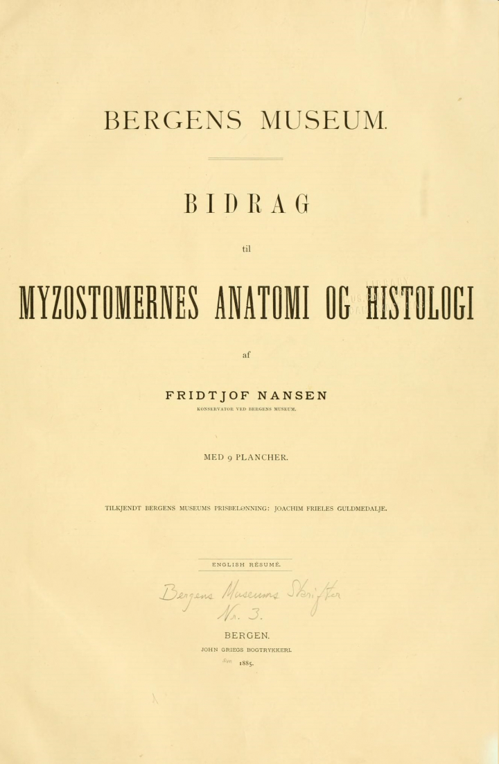 Forsiden av Nansens første zoologiske avhandling.