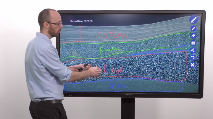 Martin står ved en skjerm for å forklare hva som har skjedd i de ulike lagene med porøse medier etter at CO₂ er pumpet inn. Lagene har ulike farger.