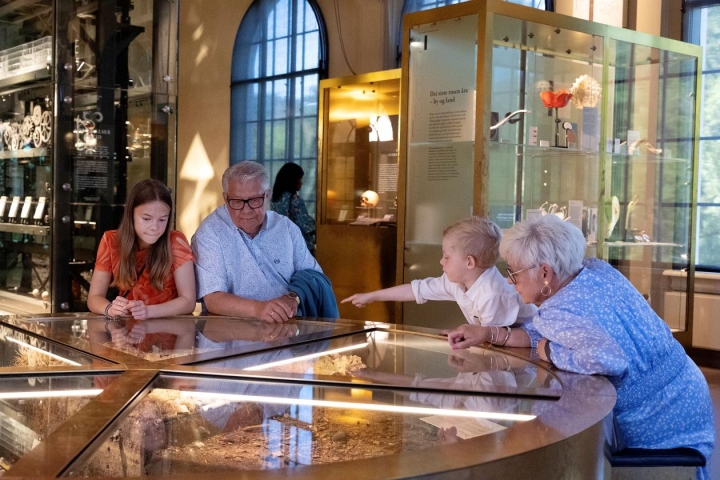 besteforeldre med barn studerer utstillingen pollen og bein